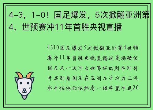 4-3，1-0！国足爆发，5次掀翻亚洲第4，世预赛冲11年首胜央视直播