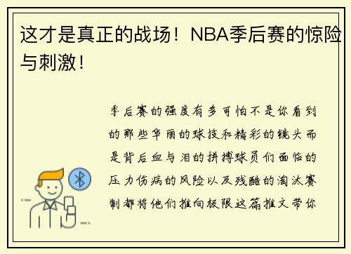 这才是真正的战场！NBA季后赛的惊险与刺激！