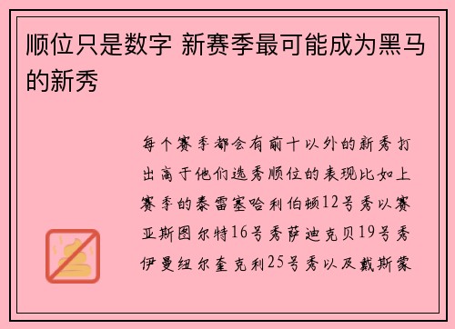 顺位只是数字 新赛季最可能成为黑马的新秀